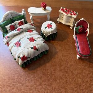 Collections Etc. Christmas Dollhouse Sized Bedroom Furniture Poinsettia